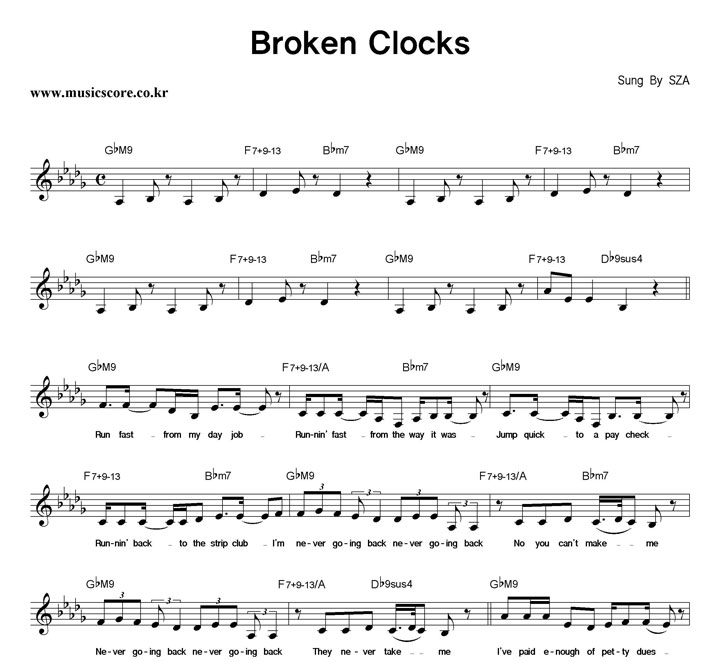 broken clocks sza piano sheet music