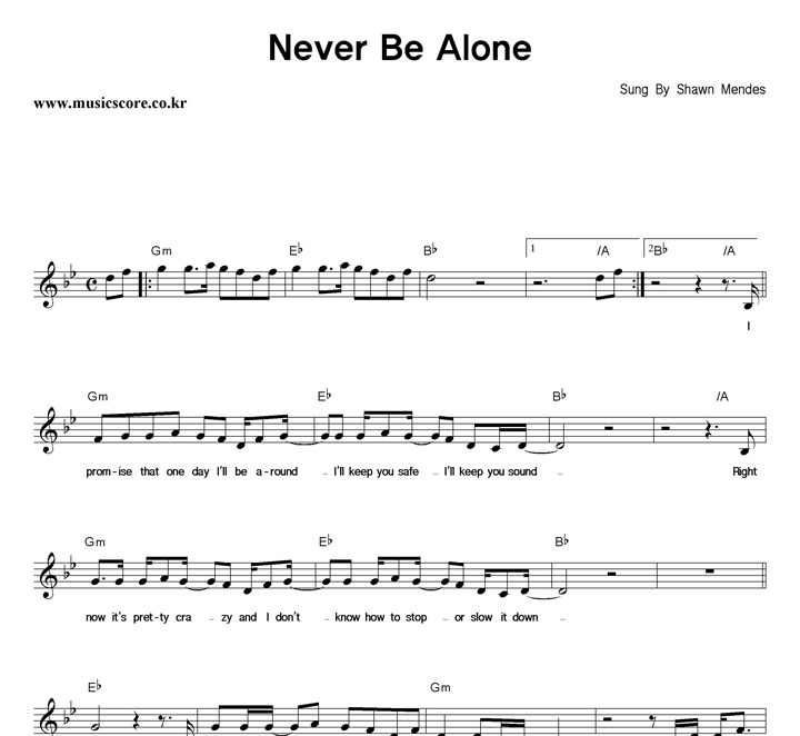 Shawn Mendes Never Be Alone 악보