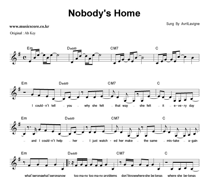 Avril Lavigne Nobody's Home  G키 악보