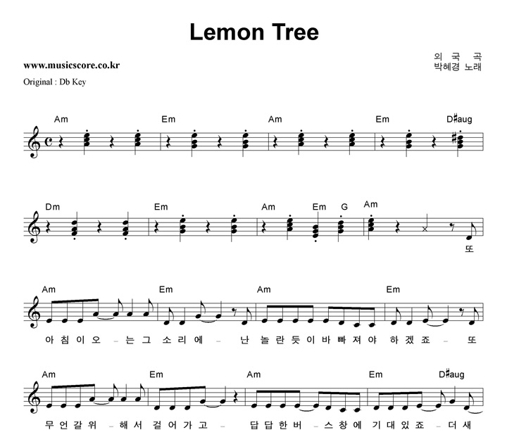 박혜경 Lemon Tree C키 악보 박혜경 Lemon Tree C키 악보