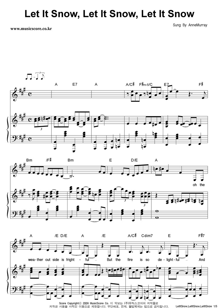 Anne Murray Let It Snow,Let It Snow,Let It Snow 피아노 악보
