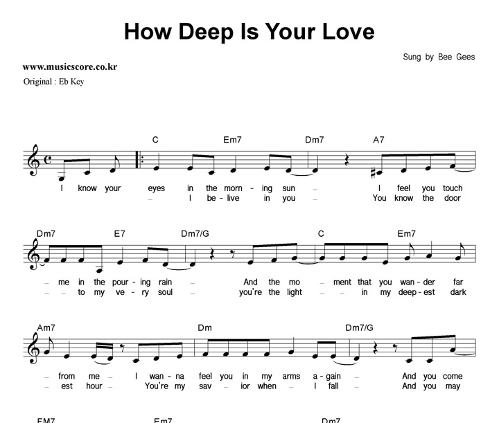 Bee Gees How Deep Is Your Love  C키 악보