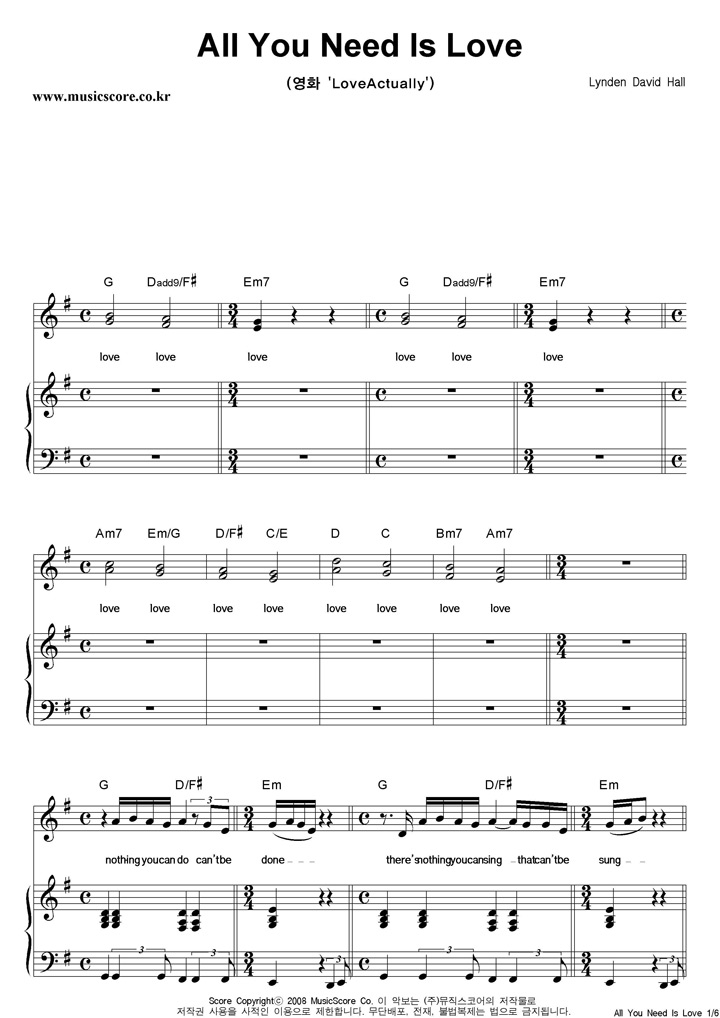 Lynden David Hall All You Need Is Love 피아노 악보