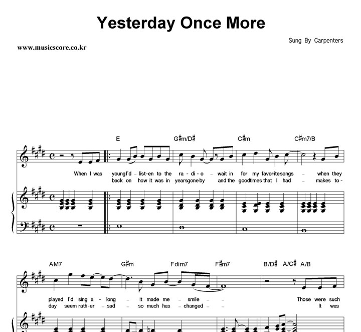 Carpenters Yesterday Once More 피아노 악보