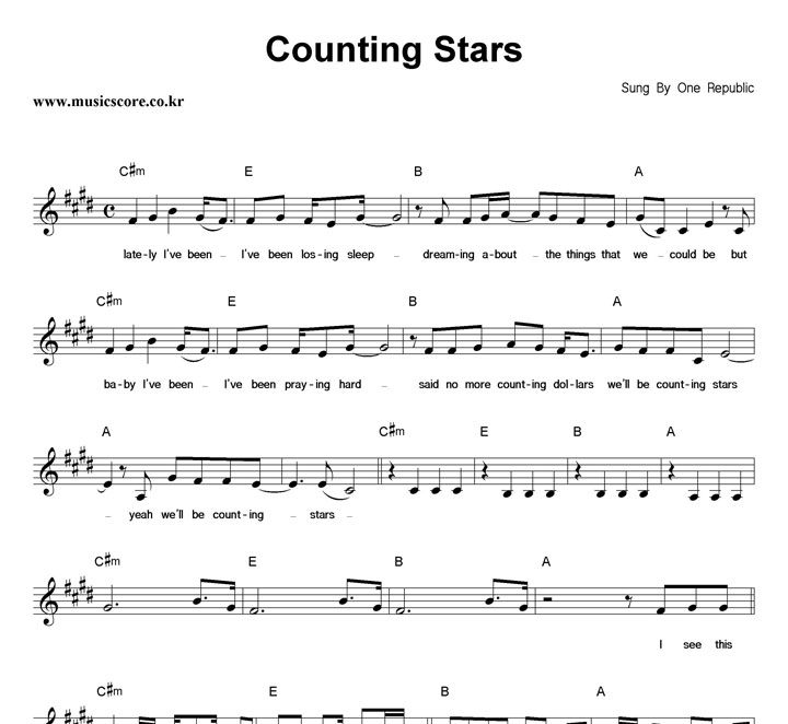 One Republic Counting Stars 악보