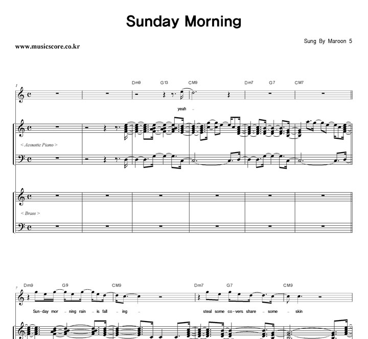 Maroon 5 Sunday Morning 밴드 키보드 악보