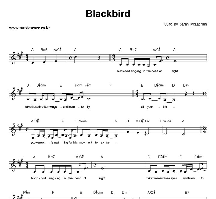 Sarah McLachlan Blackbird 악보