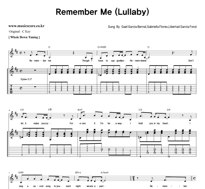 Gael Garcia Bernal,Gabriella Flores,Libertad Garcia Fonzi Remember Me (Lullaby)  D키 기타 타브 악보
