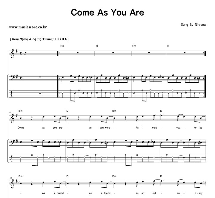 Nirvana Come As You Are 밴드 베이스 타브 악보