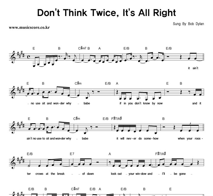 Don't Think Twice, It's All Right Sheet Music, Bob Dylan