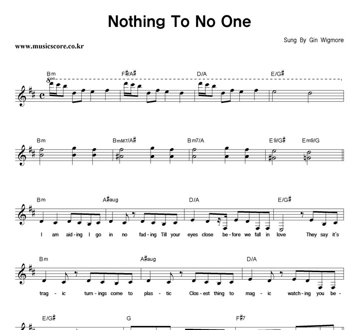 Gin Wigmore Nothing To No One 악보