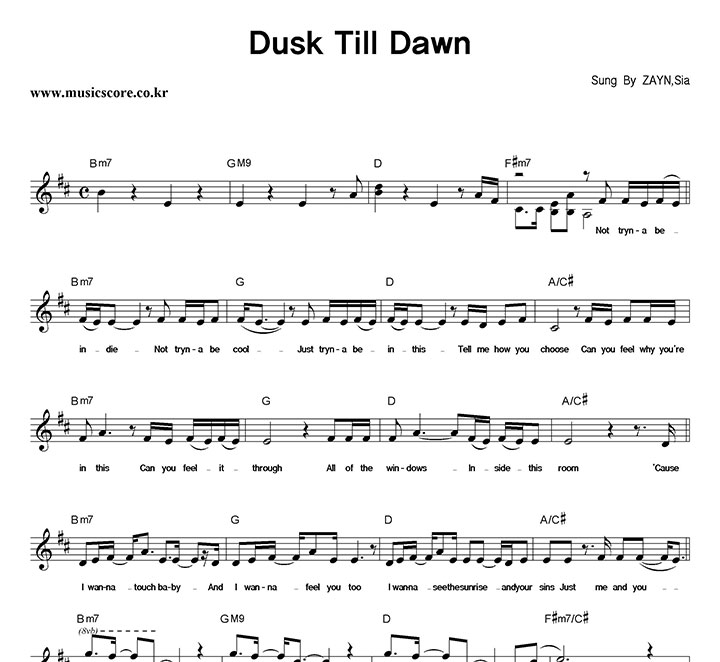 ZAYN,Sia Dusk Till Dawn 악보