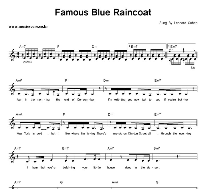 Leonard Cohen Famous Blue Raincoat 악보
