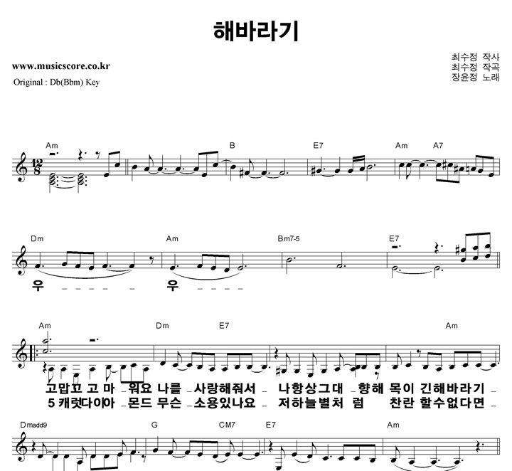 장윤정 해바라기 큰활자  C키 악보